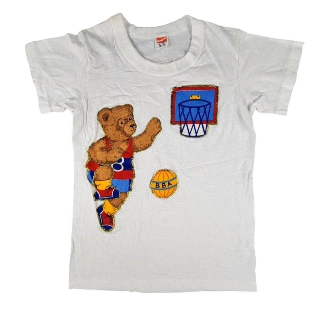 Vintage Hanes Shirt Youth 10-12 White Teddy Bear Basketball Graphic Tee USA